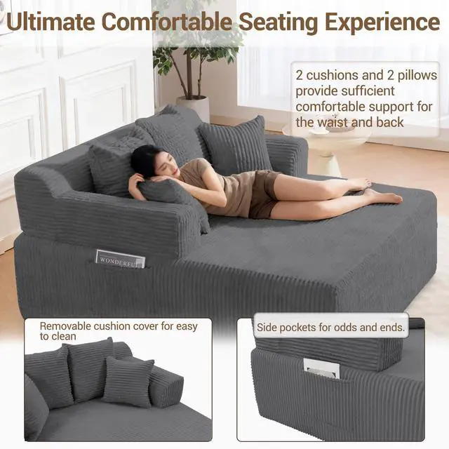 Alt view image 3 of 7 - VANBOW 58" Chaise Lounge Chair Indoor, Oversized Corduroy Boneless Sleeper Sofa Bed with Armrests & 4 Pillows, No Assembly for Living Room, Grey