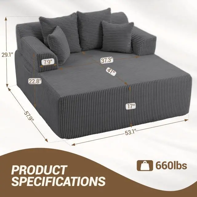 Alt view image 2 of 7 - VANBOW 58" Chaise Lounge Chair Indoor, Oversized Corduroy Boneless Sleeper Sofa Bed with Armrests & 4 Pillows, No Assembly for Living Room, Grey