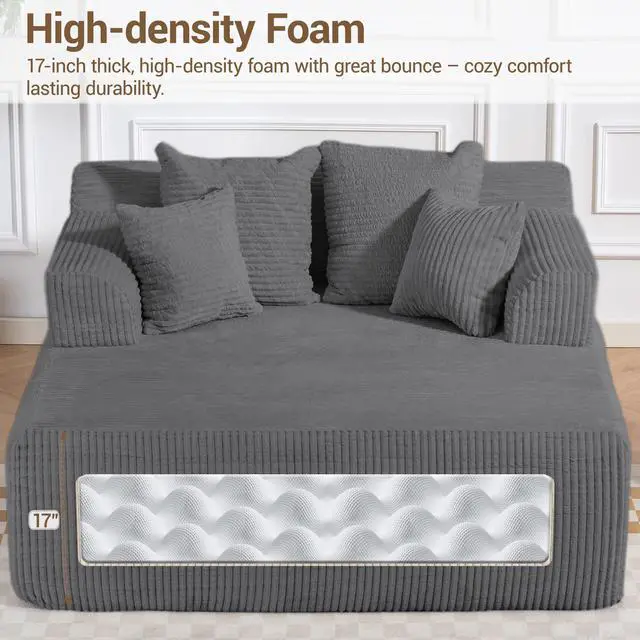 Alt view image 4 of 7 - VANBOW 58" Chaise Lounge Chair Indoor, Oversized Corduroy Boneless Sleeper Sofa Bed with Armrests & 4 Pillows, No Assembly for Living Room, Grey