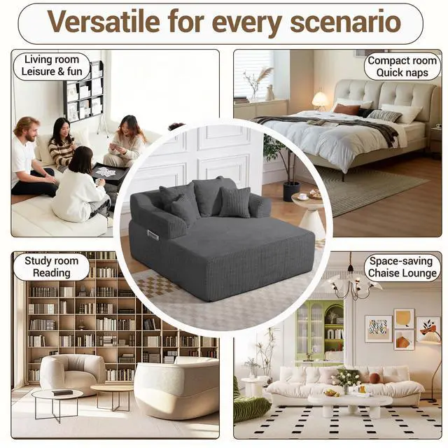 Alt view image 6 of 7 - VANBOW 58" Chaise Lounge Chair Indoor, Oversized Corduroy Boneless Sleeper Sofa Bed with Armrests & 4 Pillows, No Assembly for Living Room, Grey
