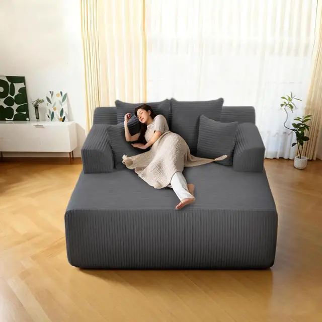 Alt view image 7 of 7 - VANBOW 58" Chaise Lounge Chair Indoor, Oversized Corduroy Boneless Sleeper Sofa Bed with Armrests & 4 Pillows, No Assembly for Living Room, Grey