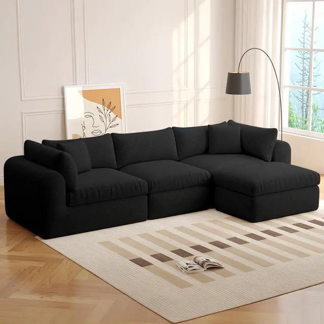 Main image of VANBOW 113'' Modular Sectional Sofa Couches Boneless Convertible L-Shape Cloud Velvet Couch with Ottoman, No Assembly, Black