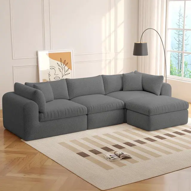 Main image of VANBOW 113'' Modular Sectional Sofa Couches Boneless Convertible L-Shape Cloud Velvet Couch with Ottoman, No Assembly, Grey
