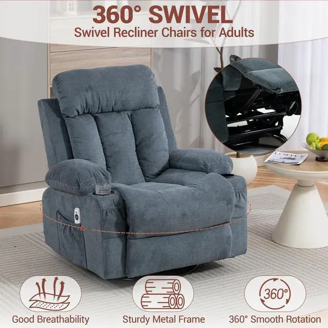 Alt view image 4 of 7 - VANBOW Rocker Recliner Chair with Vibration Massage and Heat, 360° Swivel Rocking Chair for Adults, Ergonomic Lounge Chair with Rocking Function and Side Pocket, Cup Holders, Blue