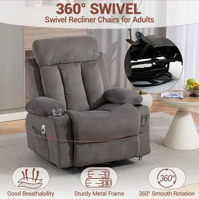 Alt view image 4 of 7 - VANBOW Rocker Recliner Chair with Vibration Massage and Heat, 360° Swivel Rocking Chair for Adults, Ergonomic Lounge Chair with Rocking Function and Side Pocket, Cup Holders, Grey