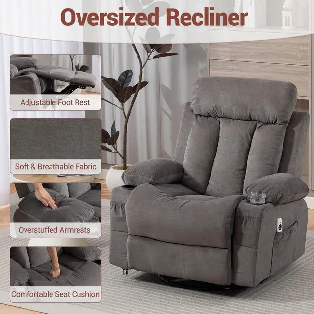 Alt view image 7 of 7 - VANBOW Rocker Recliner Chair with Vibration Massage and Heat, 360° Swivel Rocking Chair for Adults, Ergonomic Lounge Chair with Rocking Function and Side Pocket, Cup Holders, Grey