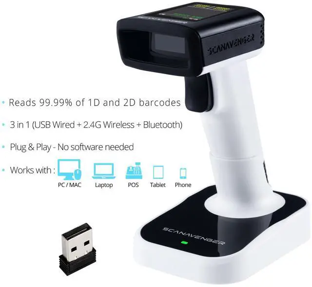 Alt view image 5 of 7 - ScanAvenger 1D & 2D Bluetooth Barcode Scanner with LCD Display, Wireless & USB Rechargeable Handheld for Inventory, POS, Library/Reads QR, UPC, Codes/Windows, Mac, Android, iOS
