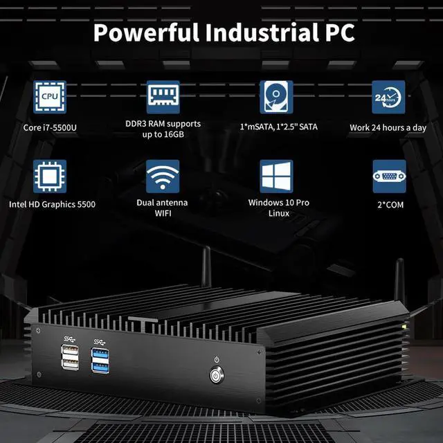 Alt view image 2 of 5 - BOESIIPC Mini Industrial PC, Fanless Desktop Computer Core i7-5500U Windows 10 Pro, 8GB RAM 128GB SSD, 2xNICs, 2*COM RS232, 4xUSB3.0, Dula-Band WiFi, HDMI/VGA Ports, Gigabit LAN, Auto Power On