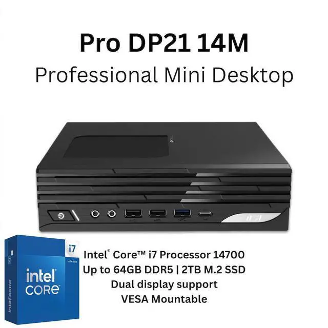 Main image of MSI PRO DP21 Business Mini Desktop Intel core i7-14700 (Beat Ultra 7 265) Intel UHD 770 Graphics 16GB DDR5 RAM 1TB SSD Wi-Fi 6E Bluetooth HDMI Displayport USB-C KB and Mouse Windows 11 Pro Black