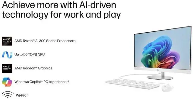 Alt view image 5 of 6 - HP 27" FHD All-in-One Touchscreen Desktop PC AMD Ryzen AI 7 350 (Beat Ultra 7 255H) AMD Radeon 860M 64GB DDR5 RAM 2TB SSD Wi-Fi 6 BT 5.4 RJ45 Wireless KB and Mouse 1080p Webcam Windows 11 Pro White