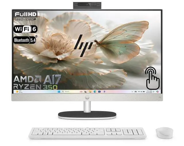 Main image of HP 27" FHD All-in-One Touchscreen Desktop PC AMD Ryzen AI 7 350 (Beat Ultra 7 255H) AMD Radeon 860M 32GB DDR5 RAM 1TB SSD Wi-Fi 6 BT 5.4 RJ45 Wireless KB and Mouse 1080p Webcam Windows 11 Home White