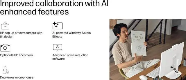 Alt view image 6 of 6 - HP 27" FHD All-in-One Touchscreen Desktop PC AMD Ryzen AI 7 350 (Beat Ultra 7 255H) AMD Radeon 860M 32GB DDR5 RAM 1TB SSD Wi-Fi 6 BT 5.4 RJ45 Wireless KB and Mouse 1080p Webcam Windows 11 Home White