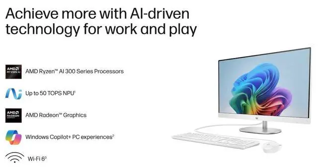 Alt view image 5 of 6 - HP 27" FHD All-in-One Touchscreen Desktop PC AMD Ryzen AI 7 350 (Beat Ultra 7 255H) AMD Radeon 860M 64GB DDR5 RAM 1TB SSD Wi-Fi 6 BT 5.4 RJ45 Wireless KB and Mouse 1080p Webcam Windows 11 Pro White