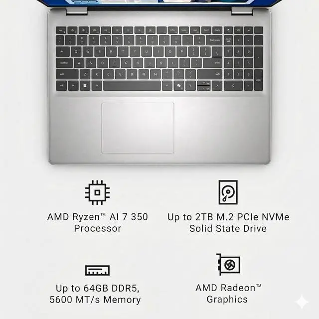 Alt view image 5 of 7 - Dell 16 Plus Business 16" FHD+ Touchscreen AMD Ryzen AI 7 350 (Beat Ultra 7 255HX) AMD Radeon Graphics 32GB DDR5 RAM 2TB SSD Wi-Fi 6E BT 5.3 HDMI Backlit KB FP Reader Copilot+ Windows 11 Pro Silver