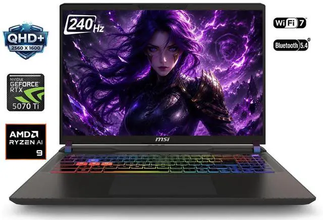 Main image of MSI Vector A16 16" QHD+ 240Hz Gaming Laptop AMD Ryzen 9 8940HX (Beat i9-14900HX) NVIDIA GeForce RTX 5070 Ti 32GB DDR5 RAM 2TB SSD Wi-Fi 7 BT 5.4 RGB Backlit Keyboard HDMI 2.1 Windows 11 Pro Black
