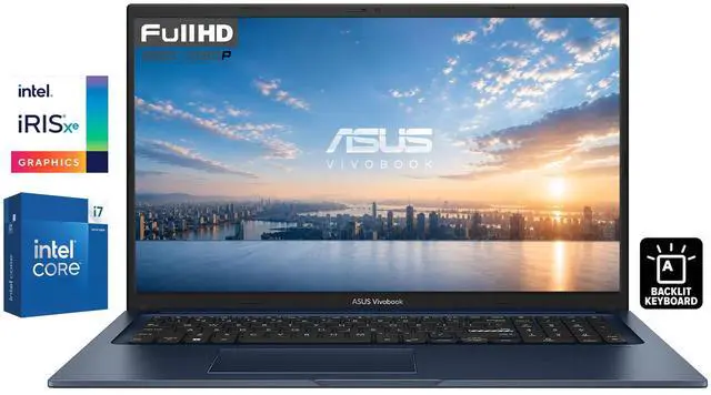 Main image of ASUS Vivobook 17 17.3 inch Full HD Business Laptop Intel Core i7-1355U Intel Iris Xe Graphics 24GB RAM 2TB SSD Backlit Keyboard HDMI 1.4 Wi-Fi 5 Bluetooth 5.1 Webcam Windows 11 Home Quiet Blue
