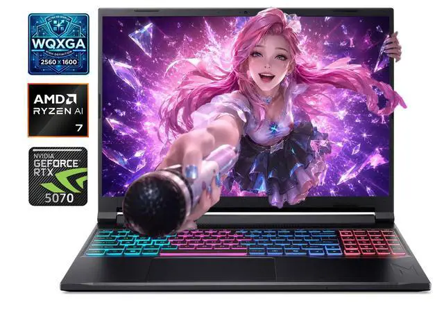 Main image of Acer Nitro V Slim 16" WQXGA IPS 180Hz Gaming Laptop NVIDIA GeForce RTX 5070 AMD Ryzen AI 7 260 (Beats i7-14650HX) 64GB DDR5 RAM 2TB SSD RGB Backlit KB Wi-Fi 6E BT 5.3 HDMI RJ-45 Windows 11 Pro Black