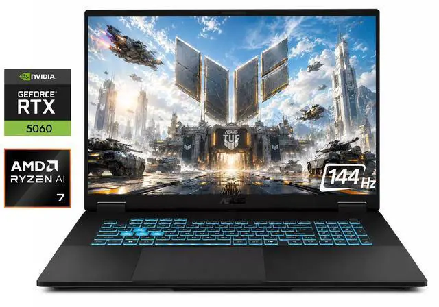Main image of ASUS TUF 18" Gaming Laptop FHD+ 144Hz NVIDIA GeForce RTX 5060 AMD Ryzen 7 260 (Beats Ryzen 7 8845HS) 64GB DDR5 2TB SSD Wi-Fi 6E BT 5.3 1080p Webcam Backlit Keyboard HDMI RJ-45 Windows 11 Home Black