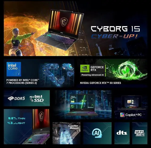 Alt view image 5 of 7 - MSI Cyborg AI Gaming Laptop 15.6" FHD IPS 144Hz NVIDIA GeForce RTX 5070 Intel core 7 240H (Beats i7-13650HX) 32GB DDR5 RAM 1TB SSD Wi-Fi 6E BT 5.3 RGB Backlit KB HDMI RJ-45 Windows 11 Pro Black