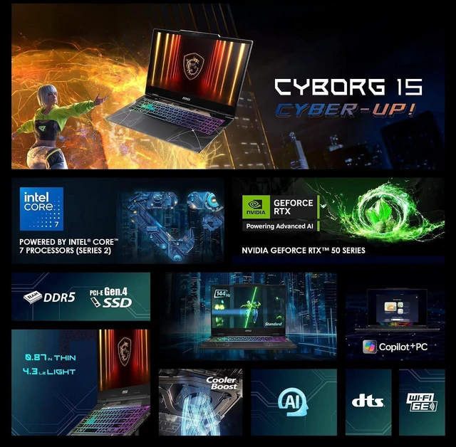Alt view image 5 of 7 - MSI Cyborg AI Gaming Laptop 15.6" FHD IPS 144Hz NVIDIA GeForce RTX 5070 Intel core 7 240H (Beats i7-13650HX) 32GB DDR5 RAM 2TB SSD Wi-Fi 6E BT 5.3 RGB Backlit KB HDMI RJ-45 Windows 11 Home Black