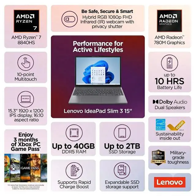 Alt view image 2 of 7 - Lenovo IdeaPad Slim 3 Laptop 15.3" FHD+ Touchscreen AMD Ryzen 7 8840HS (Beats i7-13620H) Radeon 780M 24GB DDR5 RAM 512GB SSD Wi-Fi 6 Backlit KB HDMI 1080p Webcam Long Battery Life Windows 11 Home Grey