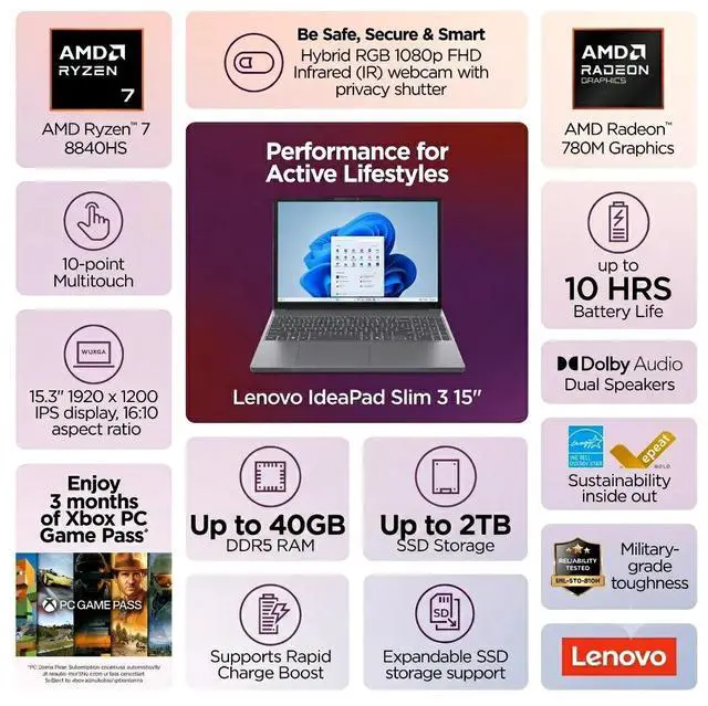 Alt view image 2 of 7 - Lenovo IdeaPad Slim 3 Laptop 15.3" FHD+ Touchscreen AMD Ryzen 7 8840HS (Beats i7-13620H) Radeon 780M 24GB DDR5 RAM 2TB SSD Wi-Fi 6 Backlit KB HDMI 1080p Webcam Long Battery Life Windows 11 Home Grey