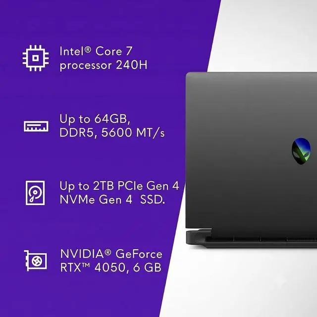 Alt view image 7 of 7 - Alienware 15.3" WUXGA 165Hz Gaming Laptop Intel Core 7 240H (Beats i7-13650HX) NVIDIA GeForce RTX 4050 32GB DDR5 RAM 2TB SSD Wi-Fi 6 HDMI 2.1 RJ-45 Backlit KB Webcam 2x2W Speaker Windows 11 Pro Black