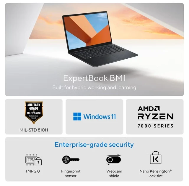 Alt view image 2 of 7 - Asus ExpertBook Business Laptop 15.6" FHD AMD Ryzen 5 7535U (Beats i5-1335U) AMD Radeon 660M 16GB DDR5 RAM 1TB SSD Backlit KB Wi-Fi 6E BT 5.4 HDMI FR RJ-45 Long Battery life Windows 11 Pro Grey