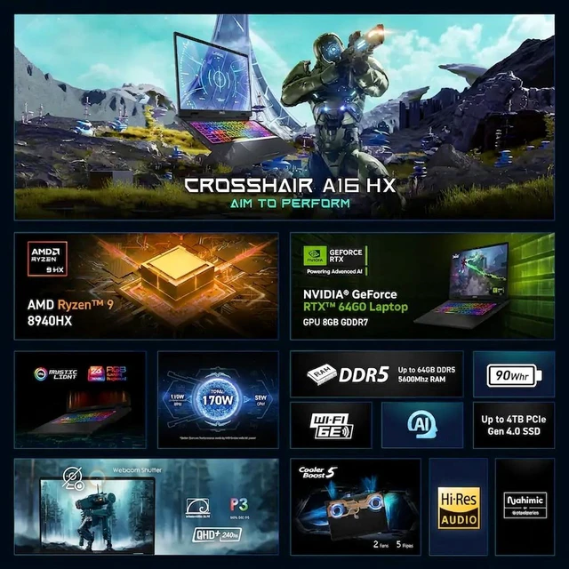 Alt view image 7 of 7 - MSI Crosshair A16 HX 16" QHD+ 240Hz Gaming Laptop AMD Ryzen 9 8940HX (Beats i9-14900HX) NVIDIA GeForce RTX 5060 16GB DDR5 RAM 1TB SSD RGB Backlit Wi-Fi 6E BT 5.3 Webcam HDMI 2.1 Windows 11 Pro Gray