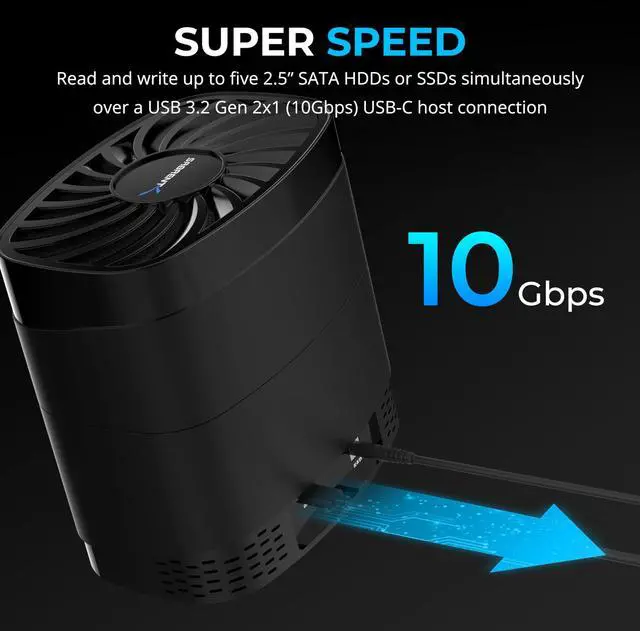Alt view image 6 of 7 - SABRENT 5-Bay USB-C Docking Station for 2.5 SATA HDDs and SSDs with Built-in Cooling Fan (DS-5R15)