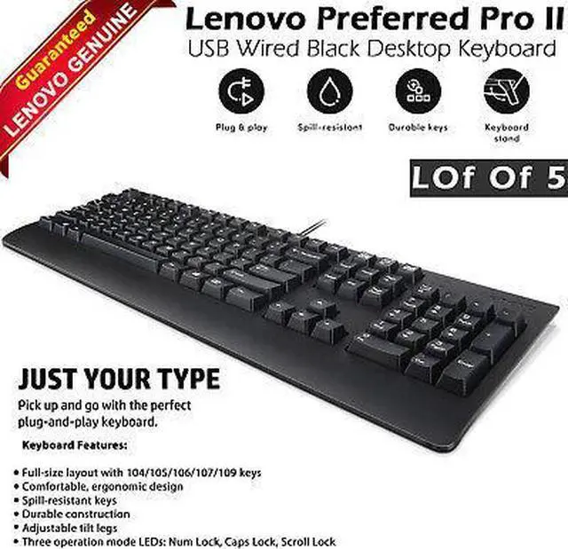 Main image of Lot Of 5 Genuine Lenovo 00XH688 SK-8827 Preferred Pro II USB Desktop Keyboard - OEM
