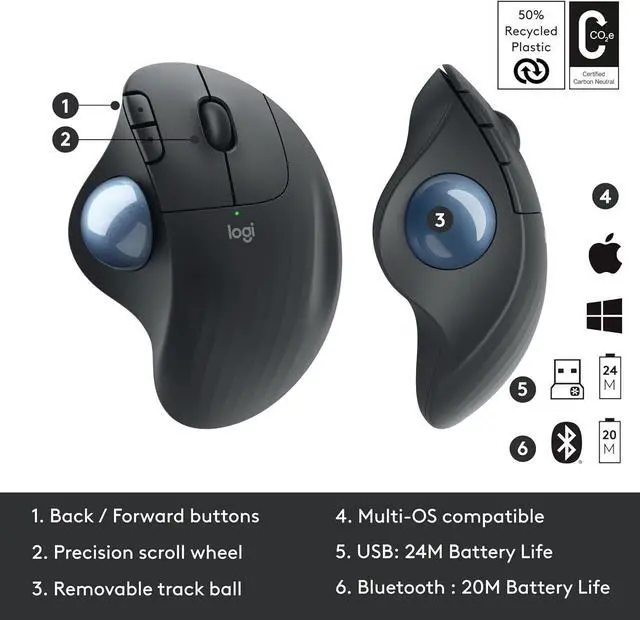 Alt view image 5 of 7 - Logitech ERGO M575 Wireless Trackball Mouse Bluetooth and USB capabilities