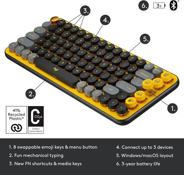 Alt view image 4 of 7 - Logitech POP Keys Wireless Mechanical Keyboard w/ Customizable Emoji Keys YELLOW