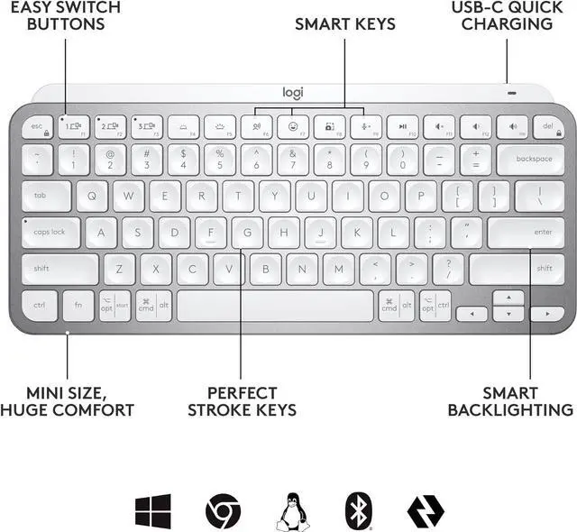 Alt view image 4 of 7 - Logitech MX Keys Mini Wireless Illuminated Keyboard for Business, Compact Gray