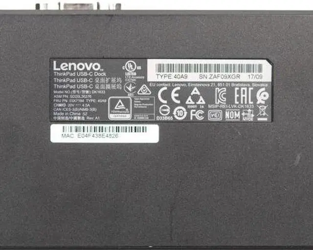 Alt view image 7 of 7 - Lenovo ThinkPad USB-C Dock 40A9 DK1633 SD20L36276 Laptop Docking Station w/ AC