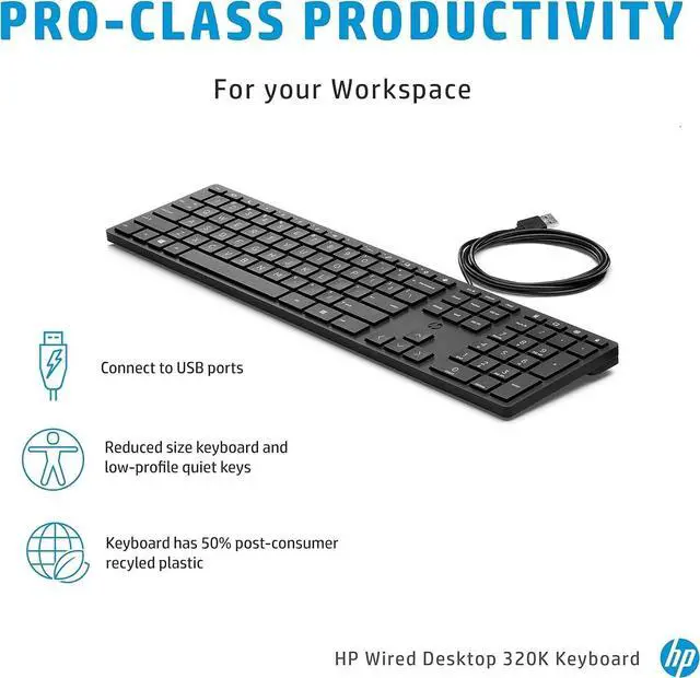 Main image of Lot x 50 HP Smart 320K Slim Wired Keyboard 108 Keys QWERTY L96909-001 L95712-001