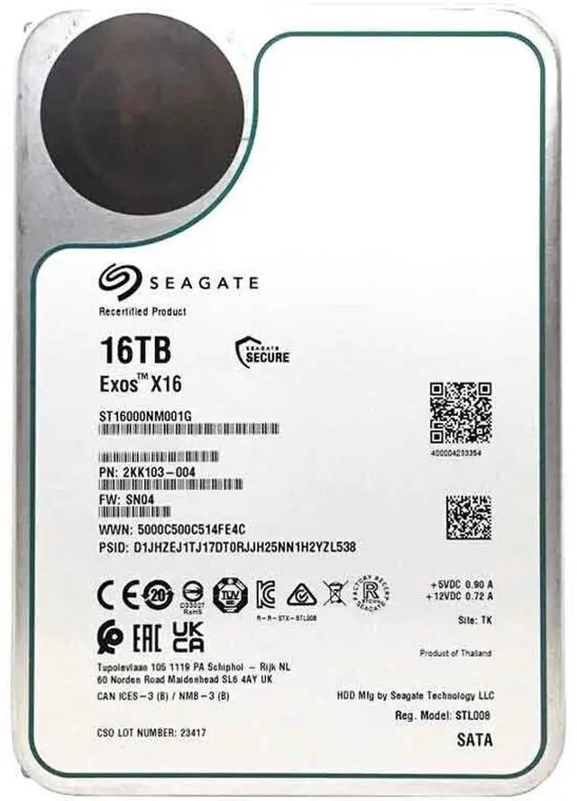 Alt view image 3 of 7 - Seagate EXOS X16 ST16000NM001G 16TB 256MB 7200rpm 3.5" SATA 6Gb/s Enterprise HDD