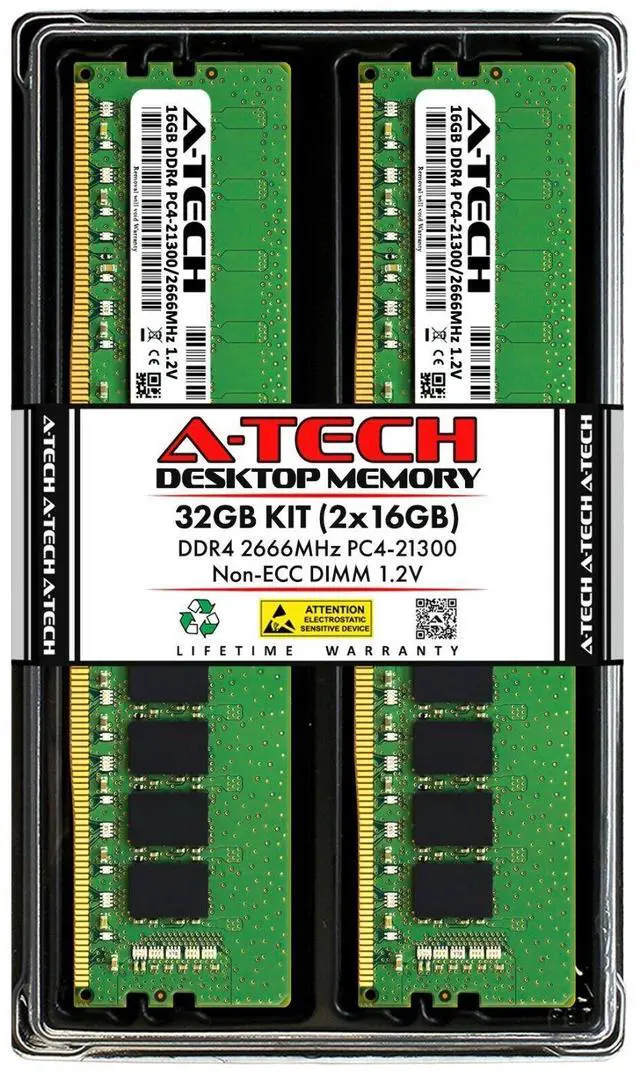 Main image of A-Tech 32GB 2x 16GB PC4-21300 Desktop DDR4 2666 MHz DIMM 288-Pin Memory RAM Kit