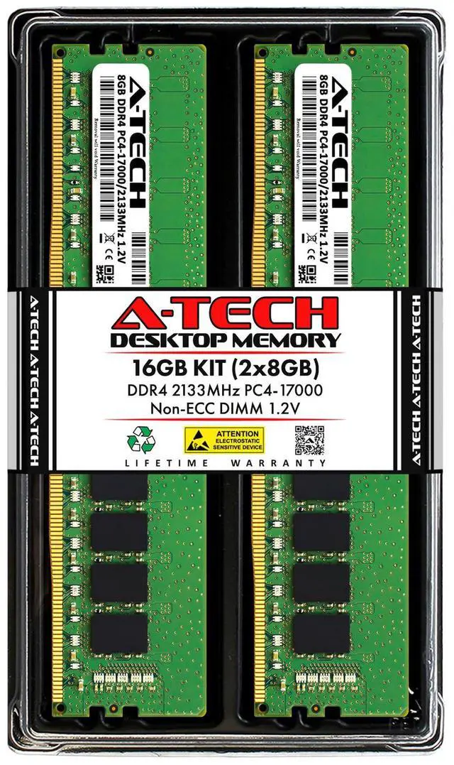 Main image of A-Tech 16GB 2x 8GB DDR4 2133 PC4-17000 Desktop 288-Pin DIMM Memory RAM Kit 16G