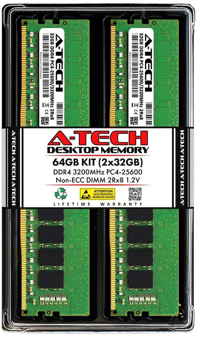 Main image of A-Tech 64GB 2x 32GB PC4-25600 Desktop DDR4 3200 Non-ECC DIMM 288-Pin Memory RAM