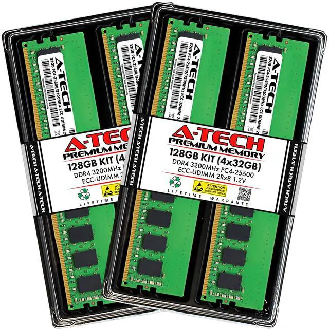 Main image of (NOT FOR HOME PC!) A-Tech 128GB 4x 32GB 2Rx8 PC4-25600 DDR4 3200MHz ECC UNB UDIMM Server Memory RAM