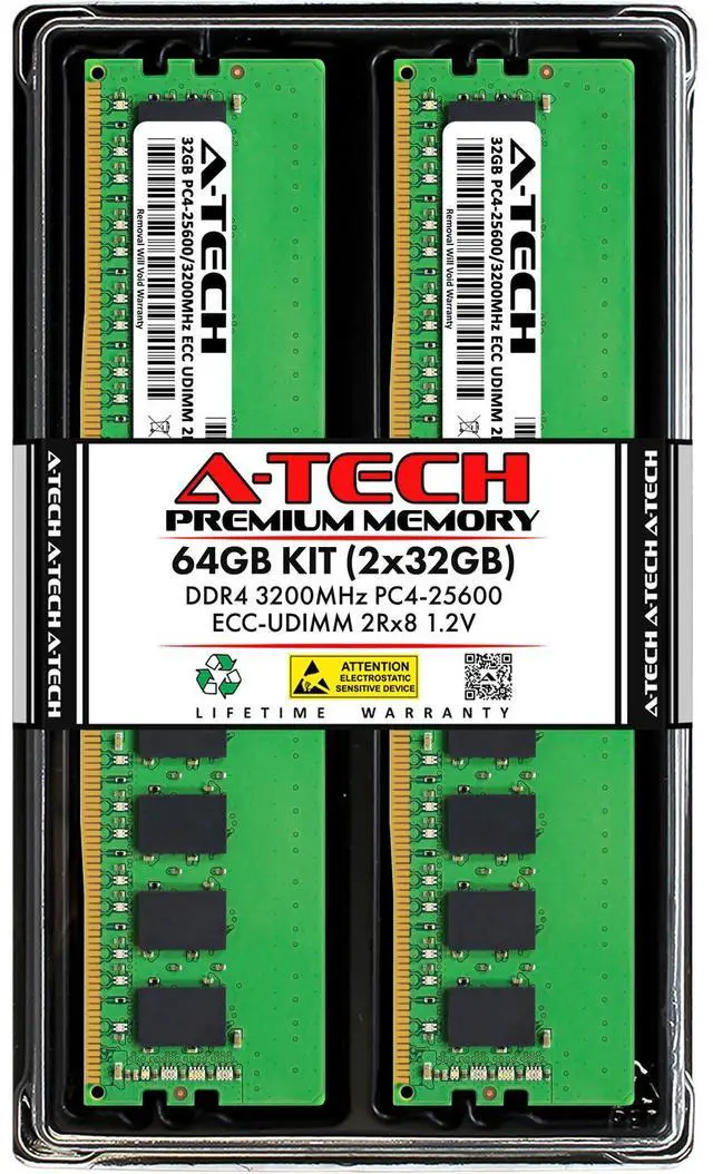 Main image of (NOT FOR HOME PC!) A-Tech 64GB 2x 32GB 2Rx8 PC4-25600 DDR4 3200 MHz ECC UNB UDIMM Server Memory RAM