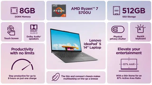 Alt view image 2 of 7 - Lenovo IdeaPad Laptop 14" FHD Touch, AMD Ryzen 7 8GB RAM & 512GB SSD, Backlit KB