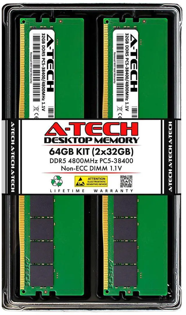 Main image of A-Tech 64GB 2x 32GB PC5-38400 Desktop DIMM DDR5 4800MHz 288pin PC Memory RAM Kit