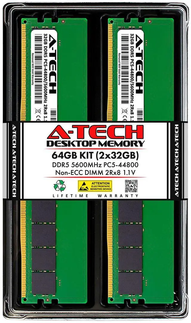 Main image of A-Tech 64GB 2x 32GB DDR5 5600 MHz Desktop DIMM PC5-44800 288-Pin Memory RAM Kit