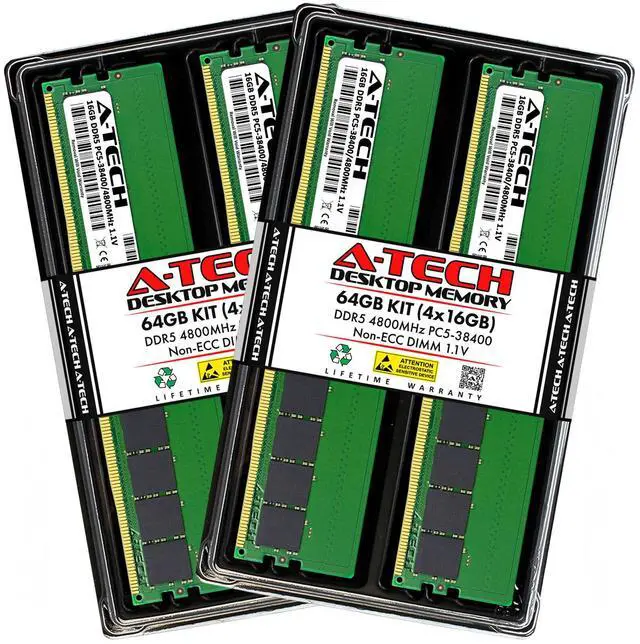 Main image of A-Tech 64GB Kit 4 x 16GB DDR5 4800 MHz PC5-38400 Desktop 288-Pin DIMM Memory RAM