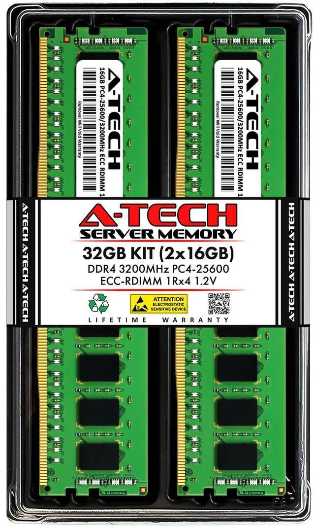 Main image of (NOT FOR HOME PC!) A-Tech 32GB 2x 16GB 1Rx4 PC4-25600R DDR4 3200MHz ECC REG RDIMM Server Memory RAM