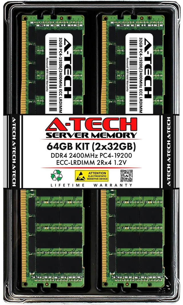 Main image of (NOT FOR HOME PC!) A-Tech 64GB 2x32GB 2Rx4 PC4-19200 DDR4 ECC Load Reduced LRDIMM Server Memory RAM