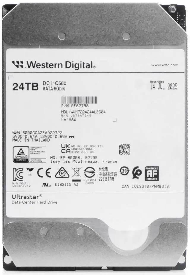 Alt view image 4 of 6 - WD DC HC580 24TB WUH722424ALE604 0F62798 7.2K RPM SATA 6Gb/s 512e 3.5" HDD