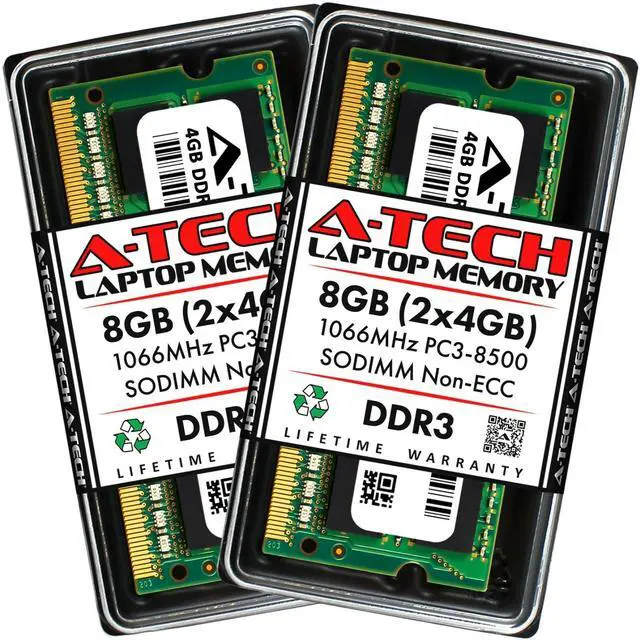 Main image of A-Tech 8GB 2 x 4GB PC3-8500 Laptop SODIMM DDR3 1066 MHz 204-Pin Memory RAM 8G 4G